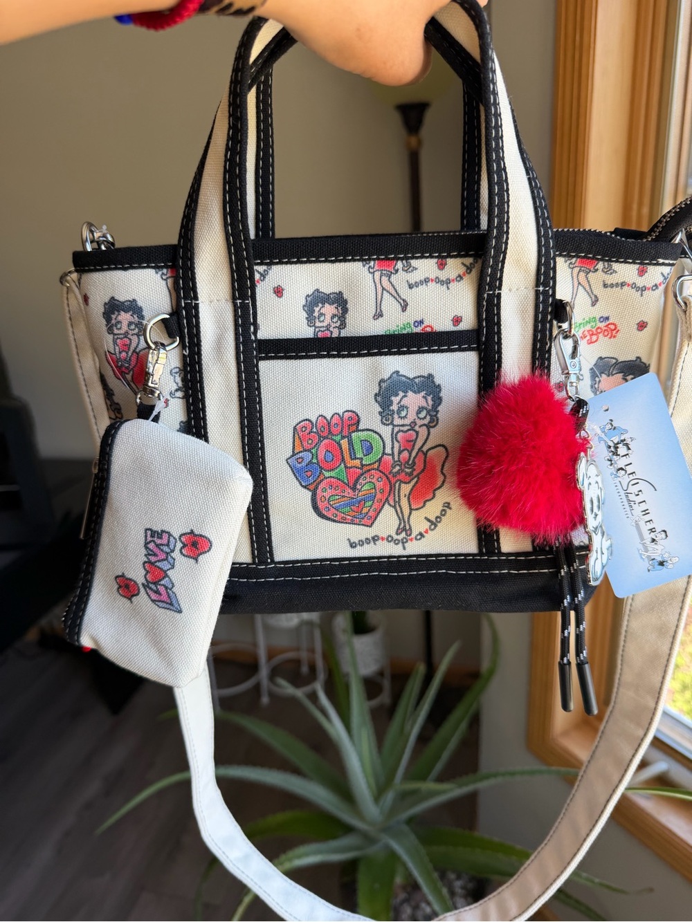 Betty Boop Black & Cream Mini Tote with Red Pom